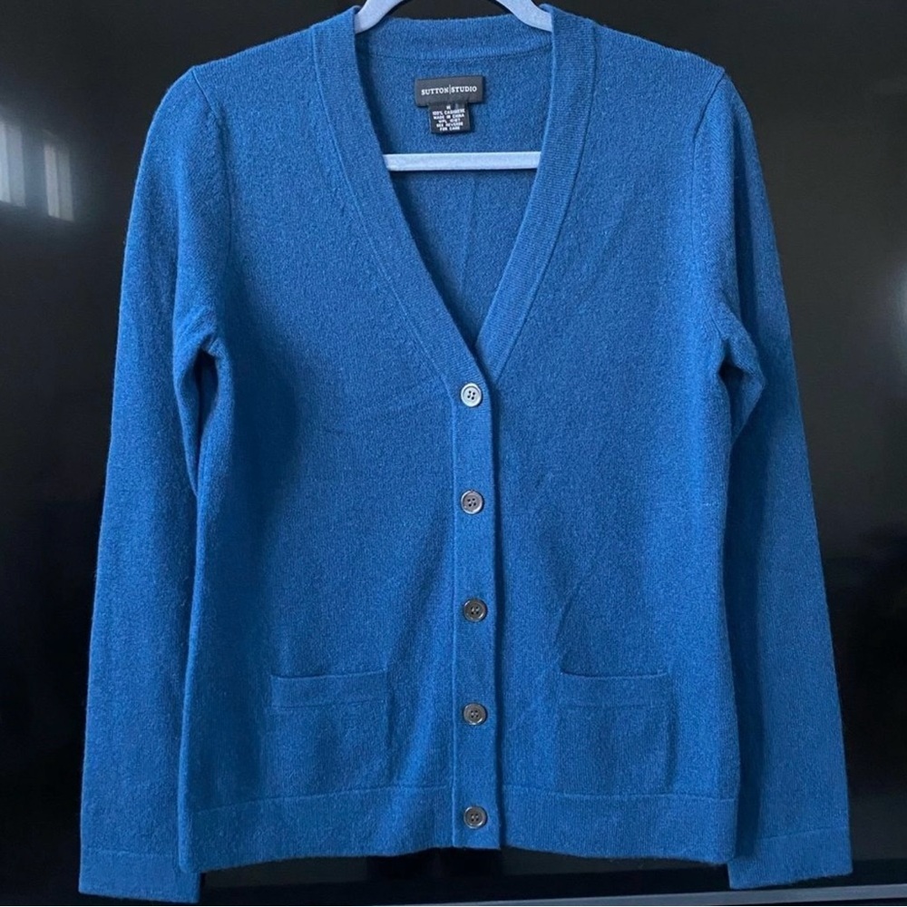 Sutton Studio Women’s 100% Cashmere Blue Cardigan, Size M